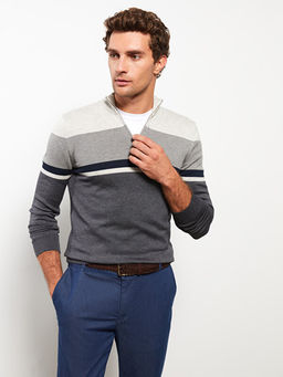 Dik Yaka Uzun Kollu Renk Bloklu Erkek Triko Kazak