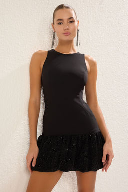 Siyah A-Kesim Balon Etek Dokuma K?sa S?k Abiye Gece Mezuniyet Elbisesi TPRSS25EL00266 - Trendyolmilla фото 4