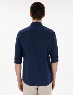 Lacivert Keten Kar___ml_ Regular Fit Uzun Kollu G_mlek