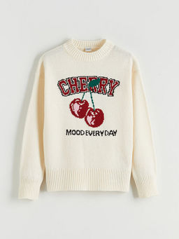 Bisiklet Yaka Desenli K?z ?ocuk Triko Kazak