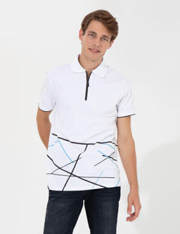 Beyaz Slim Fit Fermuarl_ Polo Yaka Ti__rt