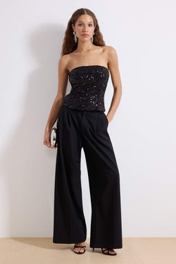 Siyah Straplez Yaka Pul Payet Party Bluz TPRSS26BZ00054