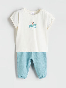 Bask?l? Erkek Bebek Ti??rt ve Pantolon 2li