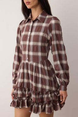 Kahverengi Ekose / Kareli F?rf?rl? K?sa / Mini Dokuma Elbise TWOAW26EL00353