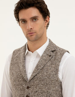 Bej Slim Fit Y_n Kar___ml_ Dokuma Yelek