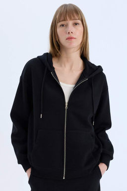 Okula Donus Relax Fit Kapusonlu Kal?n Basic Duz Cepli Fermuarl? Sweatshirt - Defacto фото 2