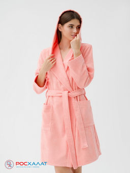 Махровый женский укороченный халат с капюшоном светло-коралловый МЗ-01 (6) - Росхалат фото 4
