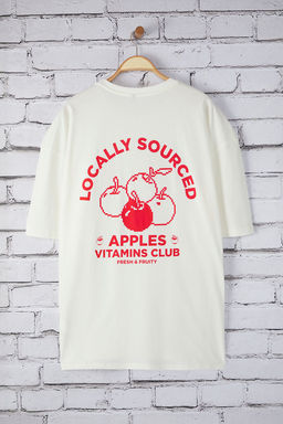 TRENDYOL MAN Ekru Buyuk Beden Oversize/Genis Kesim Meyve Bask?l? %100 Pamuk T-Shirt TMNSS25BF00040 - Trendyolmilla фото 2