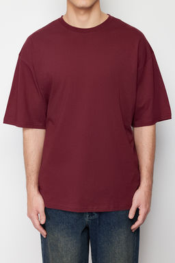 Bordo Oversize/Genis Kesim Basic %100 Pamuklu T-Shirt TMNSS22TS0318
