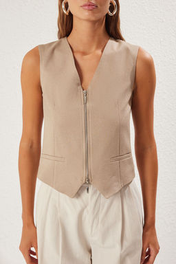 Trendyolmilla Vizon Regular V Yaka Fermuar Detayl? Regular Dokuma Yelek TWOSS25YE00094 фото 3