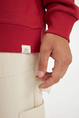 Мужская красная однотонная толстовка оверсайз с круглым вырезом из плотной ткани - Defacto фото 5