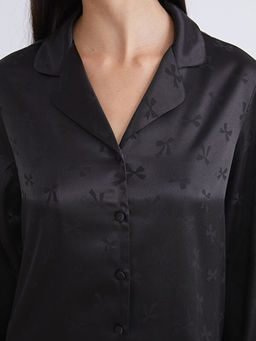 G?mlek Yaka Fiyonklu Saten Kad?n Pijama Tak?m?