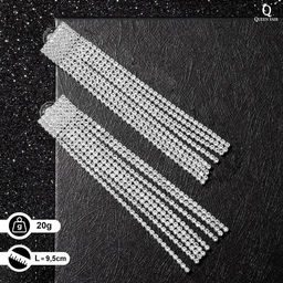 Серьги висячие со стразами Водопад квадрат, цвет белый в серебре, 9,5см