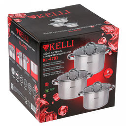 Набор кастрюль из нержавеющей стали "Kelli" 3 предмета: 1,8л, 2,5л, 3,5л, стеклянная жаропрочная крышка, пароотвод, клепаные ручки из нержавеющей стали, 5-ти слойное капсульное дно, цветная коробка (Китай) Подходит для всех видов плит, включая индукц