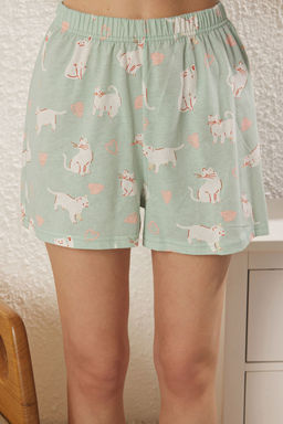 Trendyolmilla Yesil %100 Pamuklu Kedili ve Kalpli Sortlu Orme Pijama Tak?m? THMSS25PT00240  фото 4