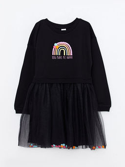 Bisiklet Yaka Bask?l? Uzun Kollu K?z ?ocuk Elbise