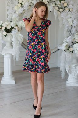 Платье женское из кулирки Элиза красно-желтые цветы