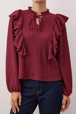 Bordo V Yaka F?rf?r Detayl? Regular Dokulu Orme Bluz TWOAW26BZ00314 - Trendyolmilla фото 3