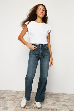 TRENDYOLMILLA Koyu Mavi Soluk Efekt Vintage Yuksek Bel Wide Leg Jeans TWOSS24JE00080 фото 2