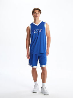 Bisiklet Yaka Bask?l? Erkek Kolsuz Ti??rt