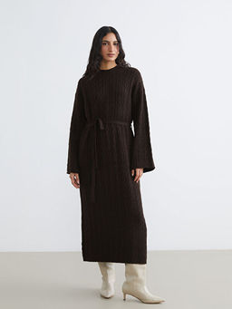 Bisiklet Yaka Kendinden Desenli Ku?akl? Triko Elbise