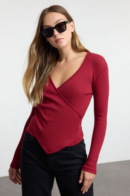 Bordo Fitted/Vucuda Oturan Kruvaze Yaka Uzun Kol Fitilli Esnek Orme Bluz TWOAW21BZ1274