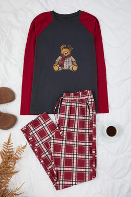 Bordo - Antrasit Regular Fit Ekose Ay?c?k Bask?l? Couple Orme Pijama Tak?m?