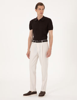 Bej Slim Fit Keten Kar___ml_ Pileli Kuma_ Pantolon