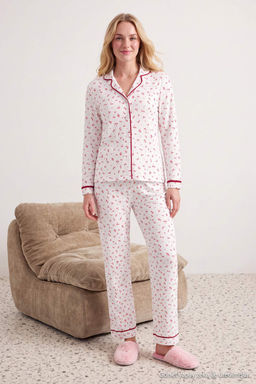 Ekru _i_ekli Biye Detayl_ Yumu_ak Tu_e K__l_k Fitilli _rme Pijama Tak_m_ THMAW27PT00086 - Trendyolmilla фото 2