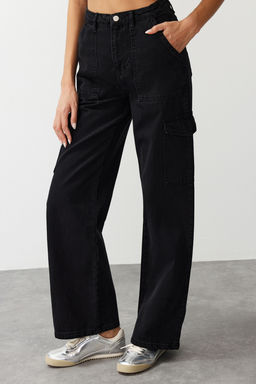 Siyah Kargo Cepli Yuksek Bel Wide Leg Jeans TWOAW22JE0393 - Trendyolmilla фото 5