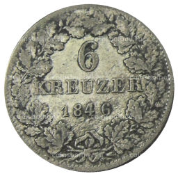 6 крейцеров 1846 года Германские государства  Гессен  Дармштадт