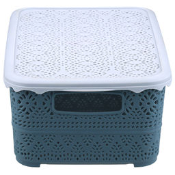 Домашняя мода Корзина пластмассовая для хранения Вышивка 26,5х19см h11,1см, матовый пластик, с серой крышкой, с ручками, синий (Китай)  фото 4