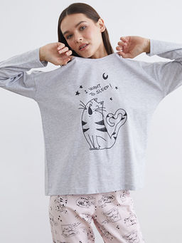 Kedi Bask?l? Kad?n Pijama Tak?m?