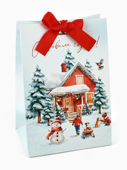 Цена за 3 шт. Пакет подарочный новогодний с лентой С Новым годом, 13?19?9 см