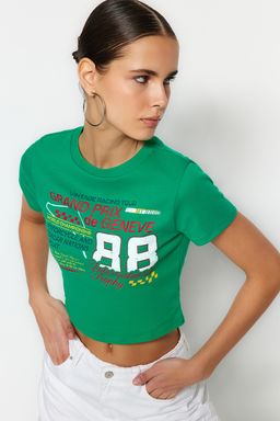 TRENDYOLMILLA Antrasit %100 Pamuk Slogan Bask?l? Fitted/Vucuda Oturan Crop Orme T-Shirt TWOSS23TS00319  фото 9