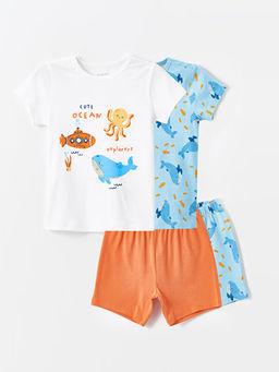 Bisiklet Yaka K?sa Kollu Bask?l? Erkek Bebek ?ortlu Pijama Tak?m? 2li
