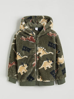 Dinozor Desenli Pel?? Erkek ?ocuk Fermuarl? Sweatshirt