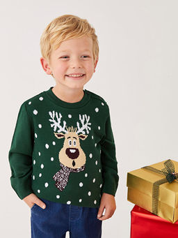 Bisiklet Yaka Uzun Kollu Y?lba?? Temal? Erkek Bebek Triko Kazak