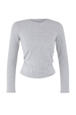 Gri Melanj Fitted/Vucuda Oturan Yar?m Fermuarl? Cift Katl? Orme Bluz TWOAW26BZ00031