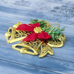 Цена за 5 шт. Ёлочная игрушка «Зимнее волшебство. Колокольчик двойной с бантиками» пластик, 12.3×9.5 см, золото