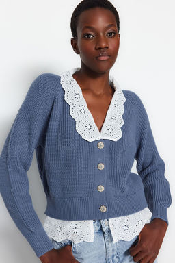 Indigo Crop Gomlek Garnili Detayl? V Yaka Triko H?rka TWOAW24HI00221