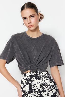 TRENDYOLMILLA Antrasit %100 Pamuk Soluk Efektli Boyfriend/Genis Kal?p Bisiklet Yaka Orme T-Shirt TWOSS23TS00112  фото 5