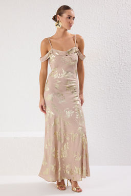 TRENDYOLMILLA Alt?n Soyut Desenli Astarl? Sifon Dokuma Uzun S?k Abiye & Mezuniyet Elbise TPRSS25AE00089  фото 2