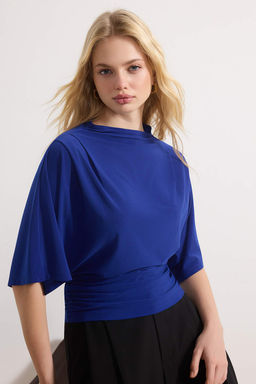 Saks Fitted/Vucuda Oturan Kay?k Yaka Yarasa Kol K?sa Kollu Esnek Orme Bluz TWOSS26BZ00020