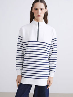 Dik Yaka ?izgili Kad?n Sweatshirt Tunik