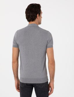 Gri Slim Fit Fermuarl_ Polo Yaka Triko T-shirt