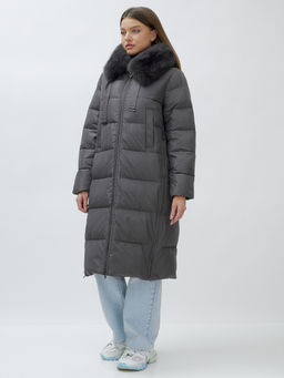 с натуральным мехом песца класса Люкс Бренд Visdeer Пальто зимние темно-серого цвета  фото 2