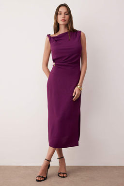 Koyu Visne Aksesuar Detayl? Midi Dokuma Elbise TWOSS25EL00862