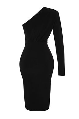 TRENDYOLMILLA Siyah Drape Detayl? Tek Omuzlu Fitted/Vucuda Oturan Midi Esnek Orme Elbise TWOAW24EL00123  фото 9