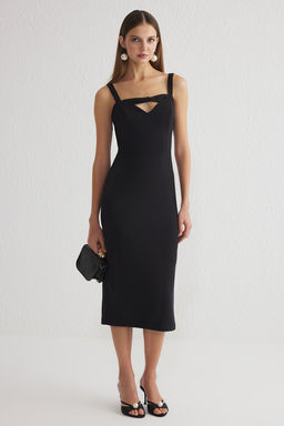 Siyah Vucuda Oturan V Yaka Fiyonk Detayl? Dokuma Abiye Gece Mezuniyet Elbisesi TPRSS25EL00066